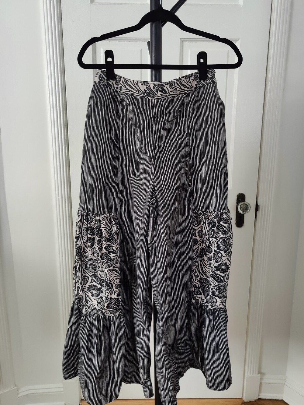 Anthropologie | 0 | Black and White Striped Flower Patchwork Wide-Leg Pants